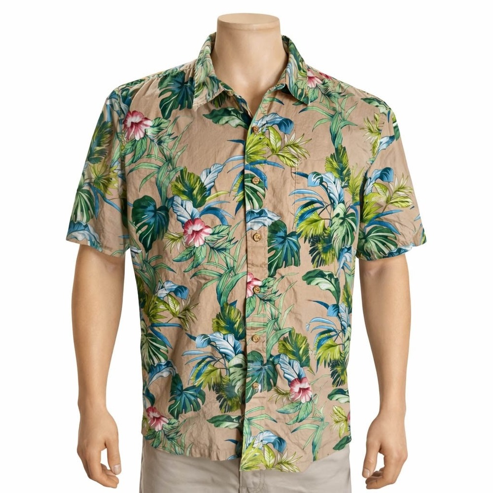 Cooke Street Hawaiian Aloha Shirt XL Floral Tropical Flowers Pale Brown Green